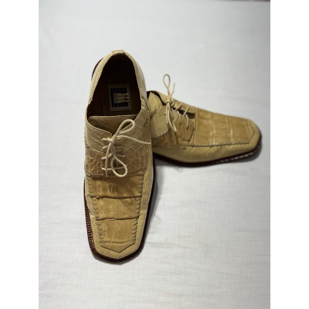David Eden Men 9 Genuine Crocodile Ostrich Dress Shoes Yellow Beige Square Toe